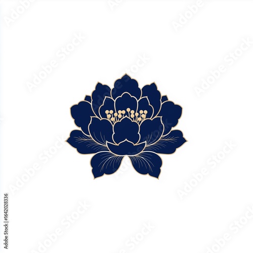 Navy blue and gold vector illustration of a lotus flower with intricate details, suitable for graphic design and branding purposes, ideal for advertising, marketing, website backgrounds, banners