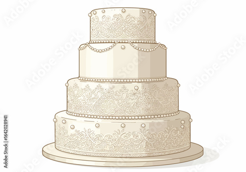 Elegant Four-Tiered Wedding Cake with Pearl Accents and Lace Details.
