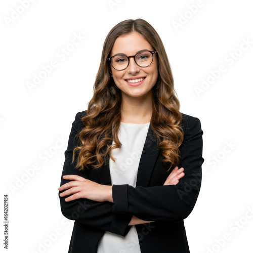 Smiling young woman wearing glasses and a black blazer with arms crossed isolated on transparent background