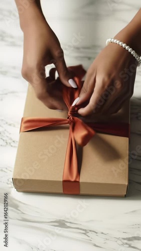 Elegant hands meticulously tie a luxurious silk ribbon into a perfect bow on a matte package, resting on polished marble. Slow-motion ecu video with a subtle push-in dolly, soft warm studio light,