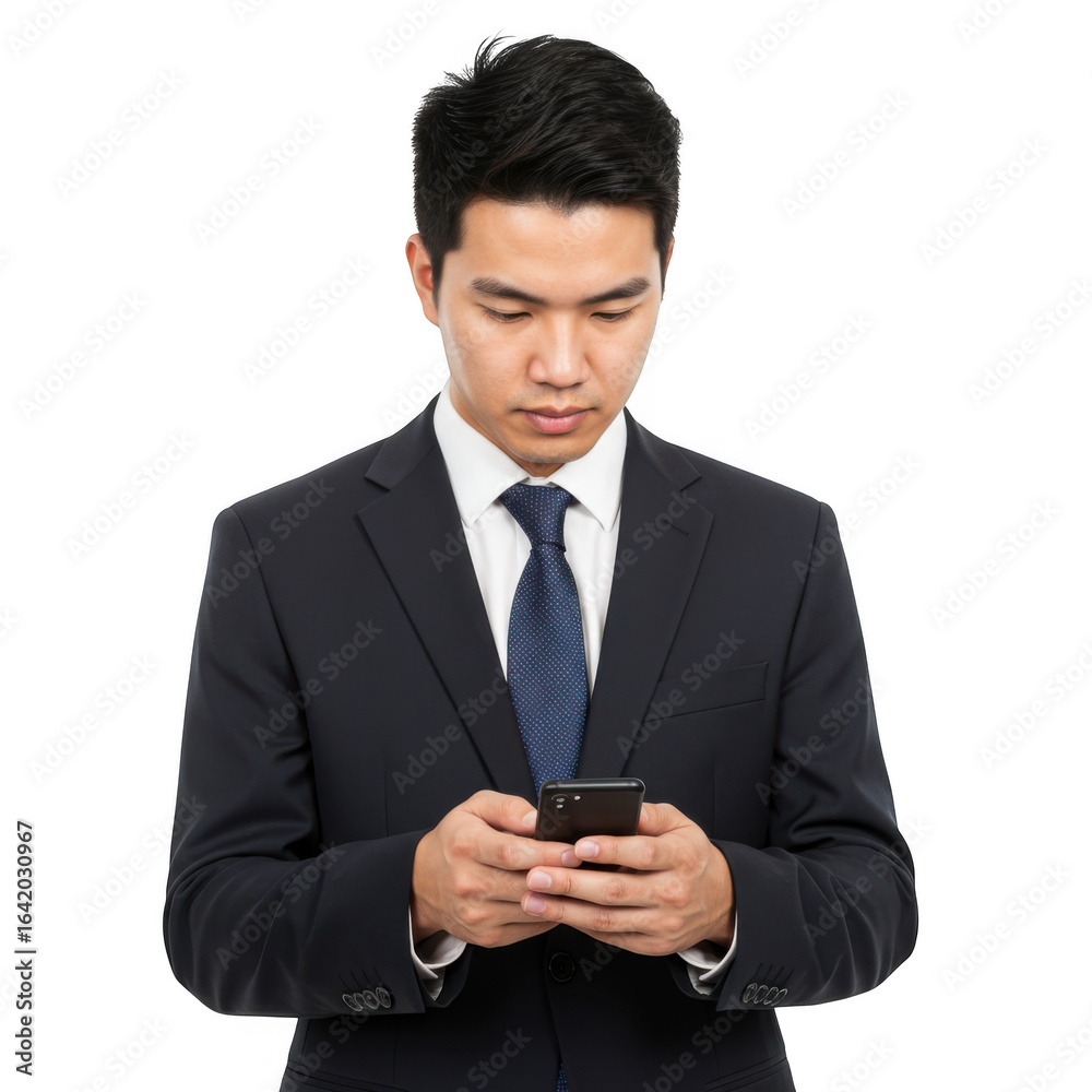 Young asian businessman in formal attire focused on his smartphone screen while holding the device isolated on transparent background Young asian businessman in formal attire focused on his smartphone screen while holding the device isolated on transparent background