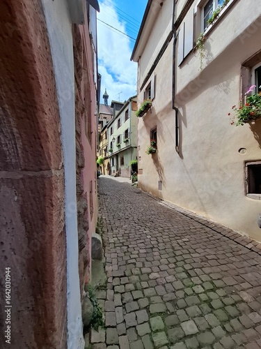 narrow street in the old town of Riquewihr, Alsace, France