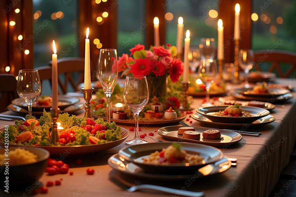 Festive Dinner Table with Colorful Dishes and Candlelight Ambiance Festive Dinner Table with Colorful Dishes and Candlelight Ambiance