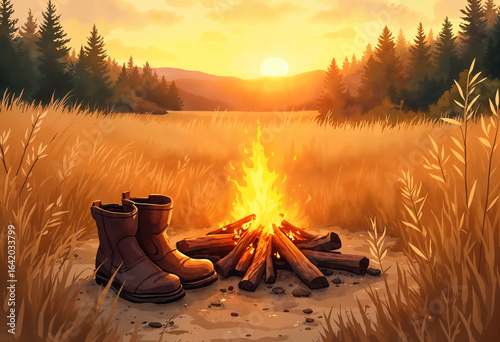 watercolor painting of old leather work boots next to a campfire in a field at sunset, wildlife