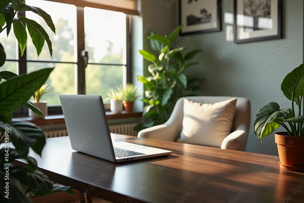 Fototapeta premium Cozy Home Office with Laptop and Plants