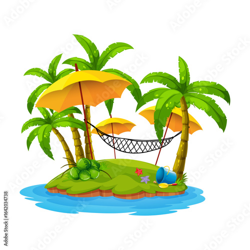 Paradise Island Retreat: Escape to a cartoon oasis of tranquility, where palm trees sway, inviting yellow umbrellas offer shade, a hammock beckons for relaxation.