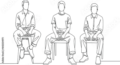 Faceless seated figures, casual clothing, chair posture, rolled sleeves, stool sitting, t-shirt outfit, forward facing, minimal design, human pose, illustration art