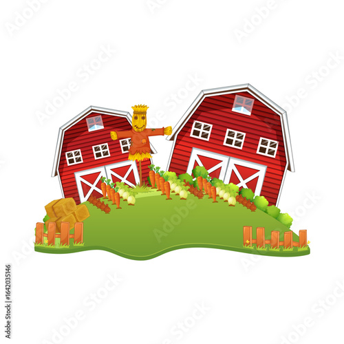 Rural Barn Landscape: Charming illustration of two rustic barns with a cheerful scarecrow in the foreground. Carrots, grass and wooden fence. 