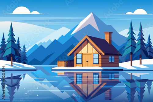 Clean Vector Illustration Snowy Cabin With Calm Water