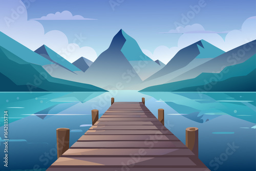 Clean Vector Illustration Wooden Dock With Misty Morning