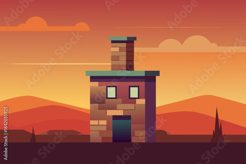 Flat Realistic Vector Style Chimney With Warm Sunset