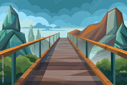 Flat Realistic Vector Style Glass Wooden Walkway Over Water