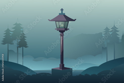 Flat Realistic Vector Style Lantern Post With Foggy Background