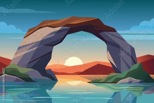 Flat Realistic Vector Style Rock Arch With Calm Water