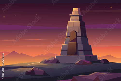 Flat Realistic Vector Style Stone Tower With Evening Light
