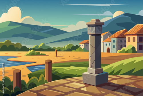 Flat Realistic Vector Style Textured Stone Pier Post