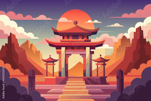 Flat Realistic Vector Style Temple Gate With Clouds