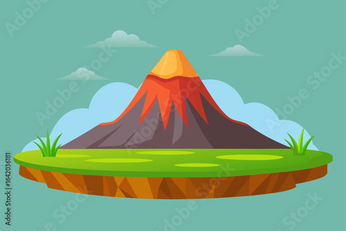 Flat Realistic Vector Style Volcano Cone With Grassy Slopes