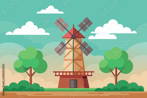 Flat Realistic Vector Style Windmill With Cloudy Horizon
