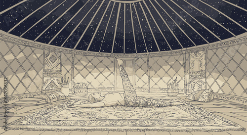 Vector illustration of a person relaxing in a yurt, gazing at the starry night sky through a transparent roof.