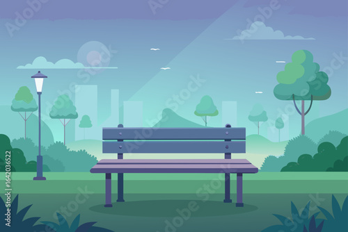 Gradient Flat Vector Style Garden Bench With Foggy View