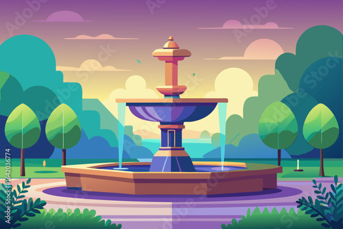 Gradient Flat Vector Style Water Fountain With Morning Light