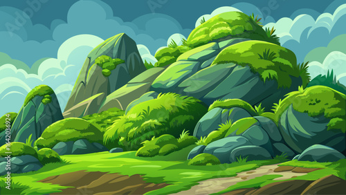 A lush green mound of soft moss enveloping rugged rocks, bathed in gentle light, reveals nature’s textures and colors, offering serenity and timeless beauty in an untouched outdoor sanctuary.