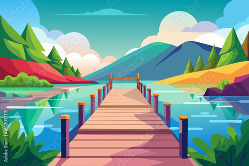 Light Color Vector Style Colorful Wooden Pier By Lake