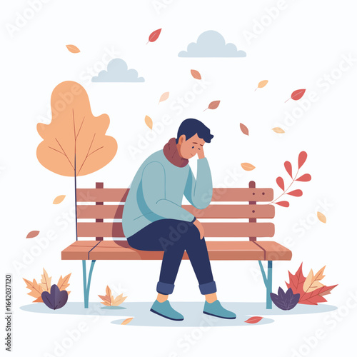 Heartbroken Person Sitting Alone on Park Bench with Fallen Leaves Vector Illustration