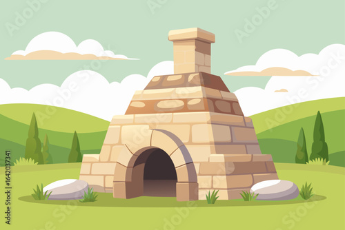 Light Color Vector Style Stone Built Stone Kiln In Field