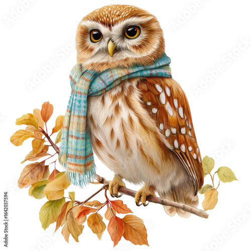 Cute autumn owl with scarf on branch illustration