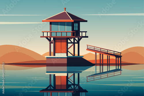 Minimal Realistic Vector Style Watchtower With Calm Water