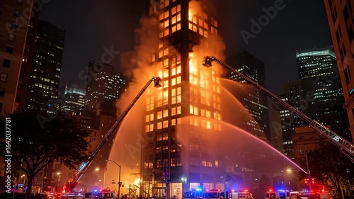 Cinematic High-Rise Blaze at Night in Orange and Blue Palette Depicting Urban Crisis