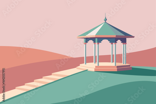 Pastel Color Vector Style Gazebo With Gentle Hills