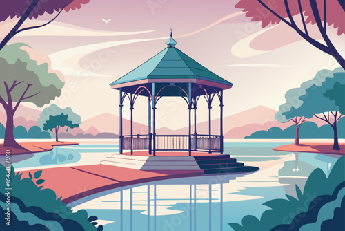 Pastel Color Vector Style Metal Gazebo By Lake With View