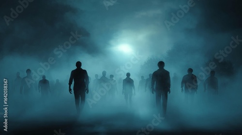 A Horror Scene of Many Zombies Walking in Fog