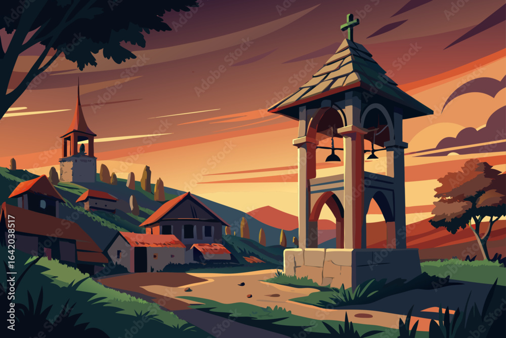 Naklejka premium Realistic Simple Vector Style Rustic Village Bell