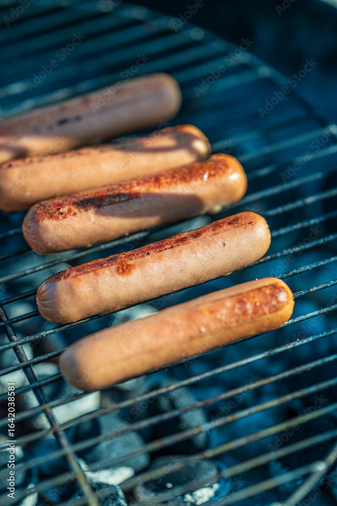 Grilled hotdogs cooking over charcoal barbecue grill. Grilled hotdogs cooking over charcoal barbecue grill.