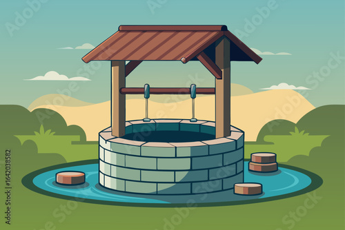 Realistic Simple Vector Style Water Well With Calm Water