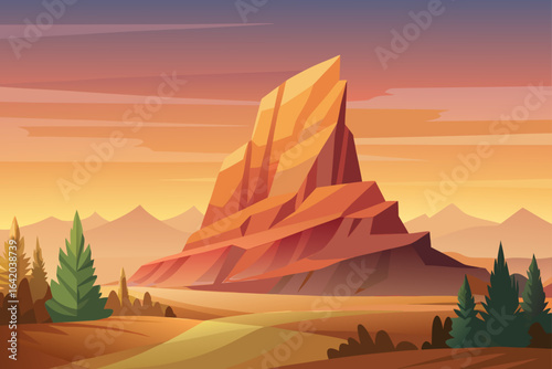 Smooth Gradient Vector Style Desert Rock With Forest Background