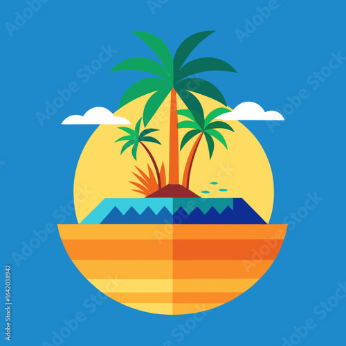 Tropical island paradise with palm trees and ocean waves