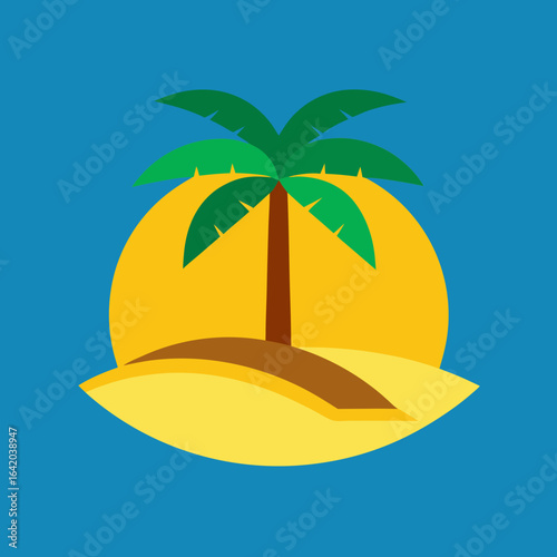 Stylized palm tree on a tropical island with a setting sun