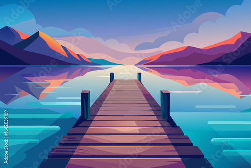 Smooth Gradient Vector Style Wooden Dock With Calm Water