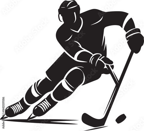 Ice Hockey Player Silhouette with Stick and Puck Vector Illustration