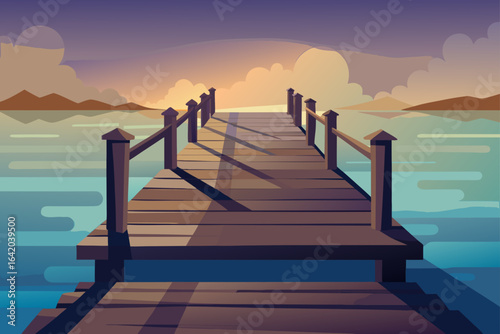 Soft Shadow Vector Style Wooden Dock With Morning Light