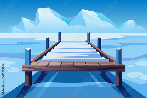 Soft Shadow Vector Style Wooden Dock With Snowy Background