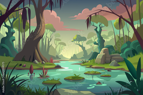 Storybook Illustration Swamp Background With Faded Textures