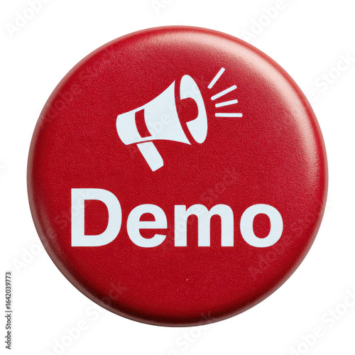 Red button with megaphone and demo text isolated on transparent background