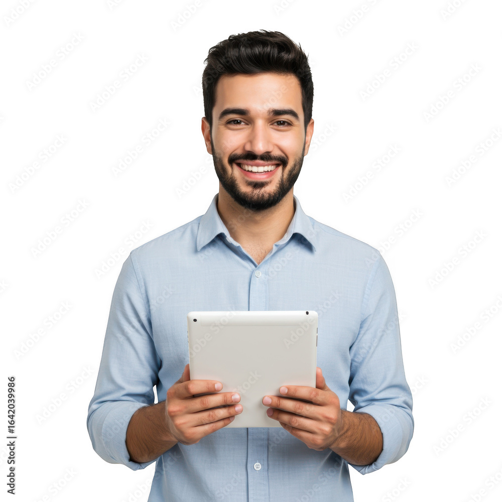 Smiling bearded man holding a digital tablet with a bright expression and casual attire isolated on transparent background Smiling bearded man holding a digital tablet with a bright expression and casual attire isolated on transparent background
