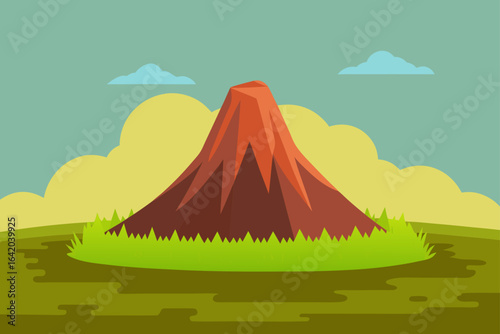 Subtle Texture Vector Style Volcano Cone With Grassy Slopes